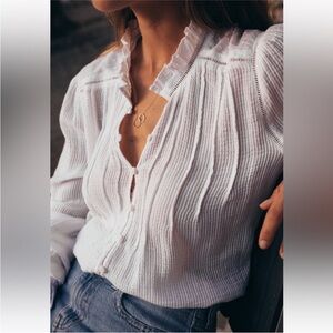 Faherty Willa 100% Organic Cotton Button Front Long Sleeve Peasant Blouse Medium